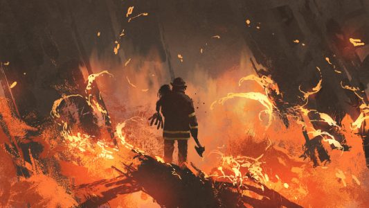 图片：消防员在地狱中拯救孩子的绘画