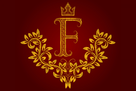 图片：字母f的富豪例证，在红色背景的金子回报了