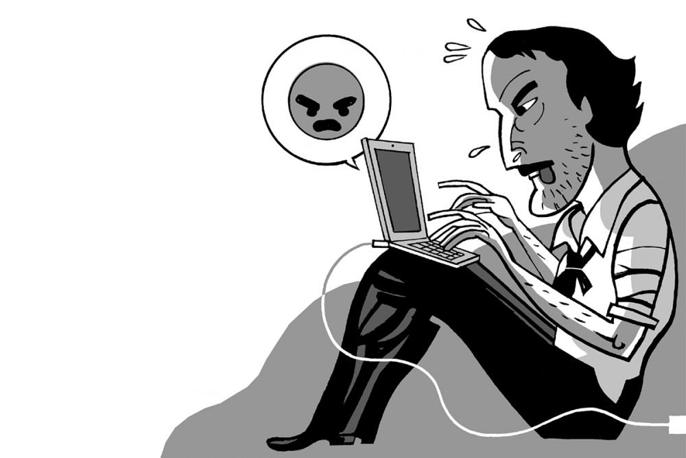 埃德加·爱伦·坡在笔记本电脑上发送愤怒表情符号的插图。