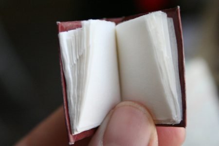 图像：一本由拇指打开的微型空白书。