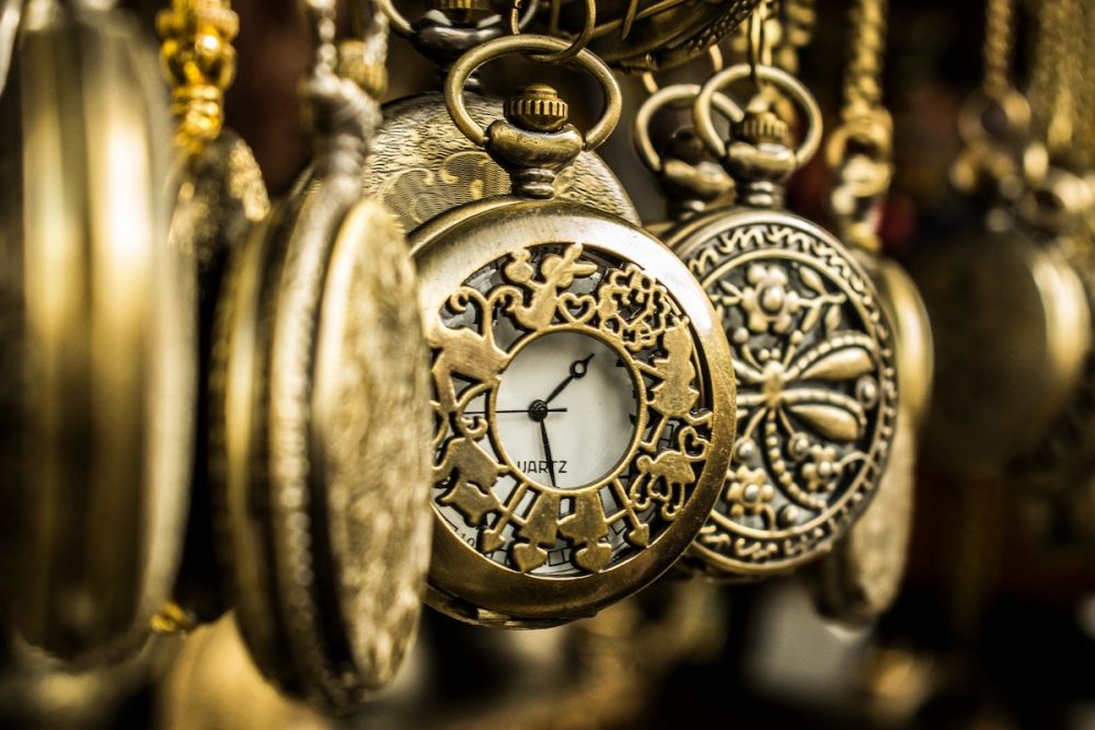 图片：连续悬挂的许多古董黄铜口袋手表。