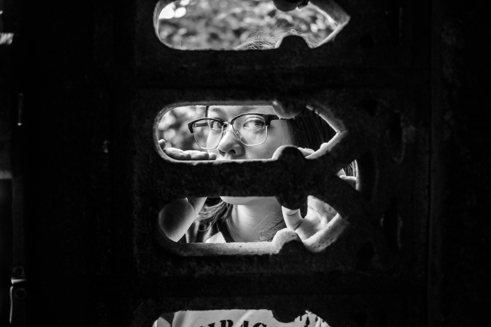 图片:一名妇女透过一扇古色古香的门的华丽开口向外张望。