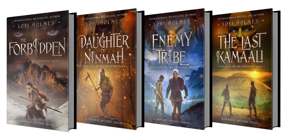 营销图片展示了四个洛里·福尔摩斯奇幻小说系列的精装版。书名是:《禁城》;宁玛的女儿;敌人部落;以及《最后的卡马利》。