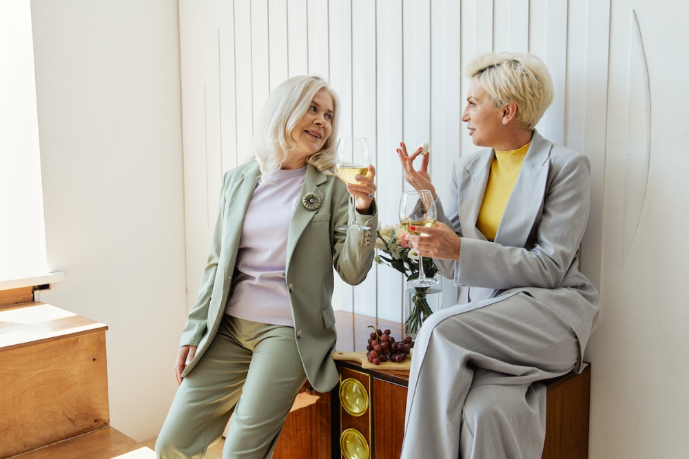 图片:两个女人先生举行一次谈话在享受葡萄酒和奶酪与优雅的现代装饰房间。
