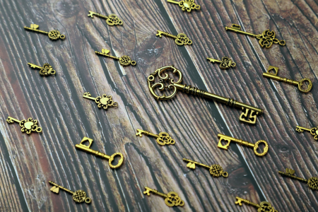 图片:华丽装饰,金色古董钥匙被安排在一个木制的桌子。